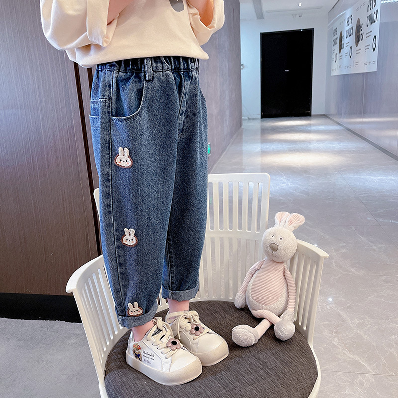 Girls' Jeans Spring and Autumn Cartoon New Western Style Autumn Baby Girls' Pants Outer Wear Children's Straight Autumn Loose