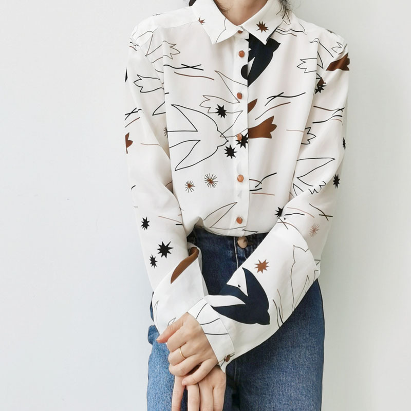 Picture of Clearance French Style Elegant Swallow Print Long Sleeve Silk Crepe-de-Chine Shirt Women's Commuter OL Mulberry Silk Shirt Mid-length
