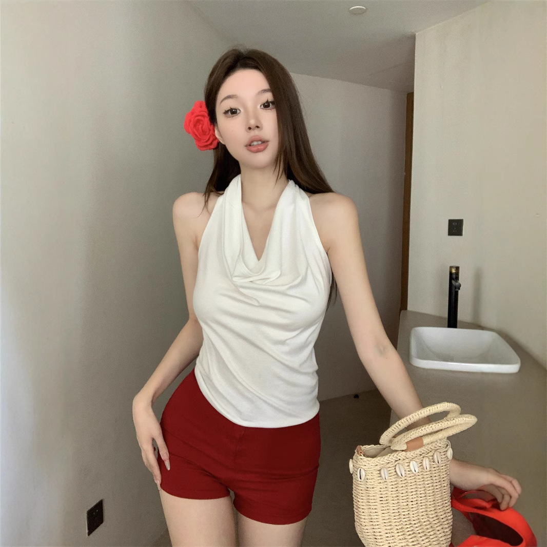 Elegant Fashion Spice Girl White Swing Collar Halter Camisole Summer Slim-fit Inner Slim-fit Backless Top Outer Wear