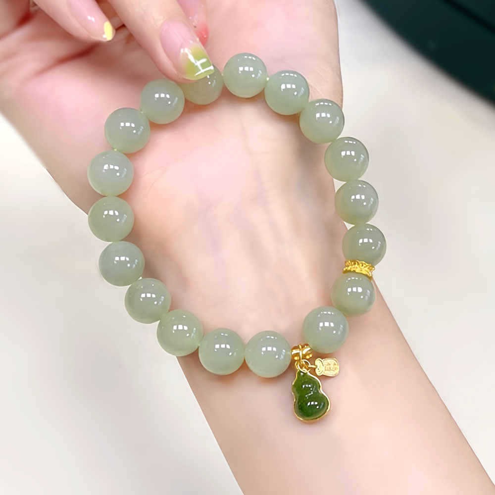 New Trendy Ancient-Style Hetian Jade Gourd Pendant Bracelet for Women, Retro New Chinese Style Niche Zodiac Year Best Friend Gift