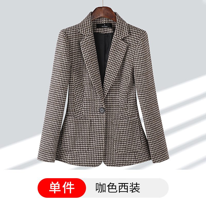 Picture of Plaid High-end brown Small Suit Jacket Women's Spring and Autumn South Korea Retro British-style Casual Korean-style Short Slim-fit