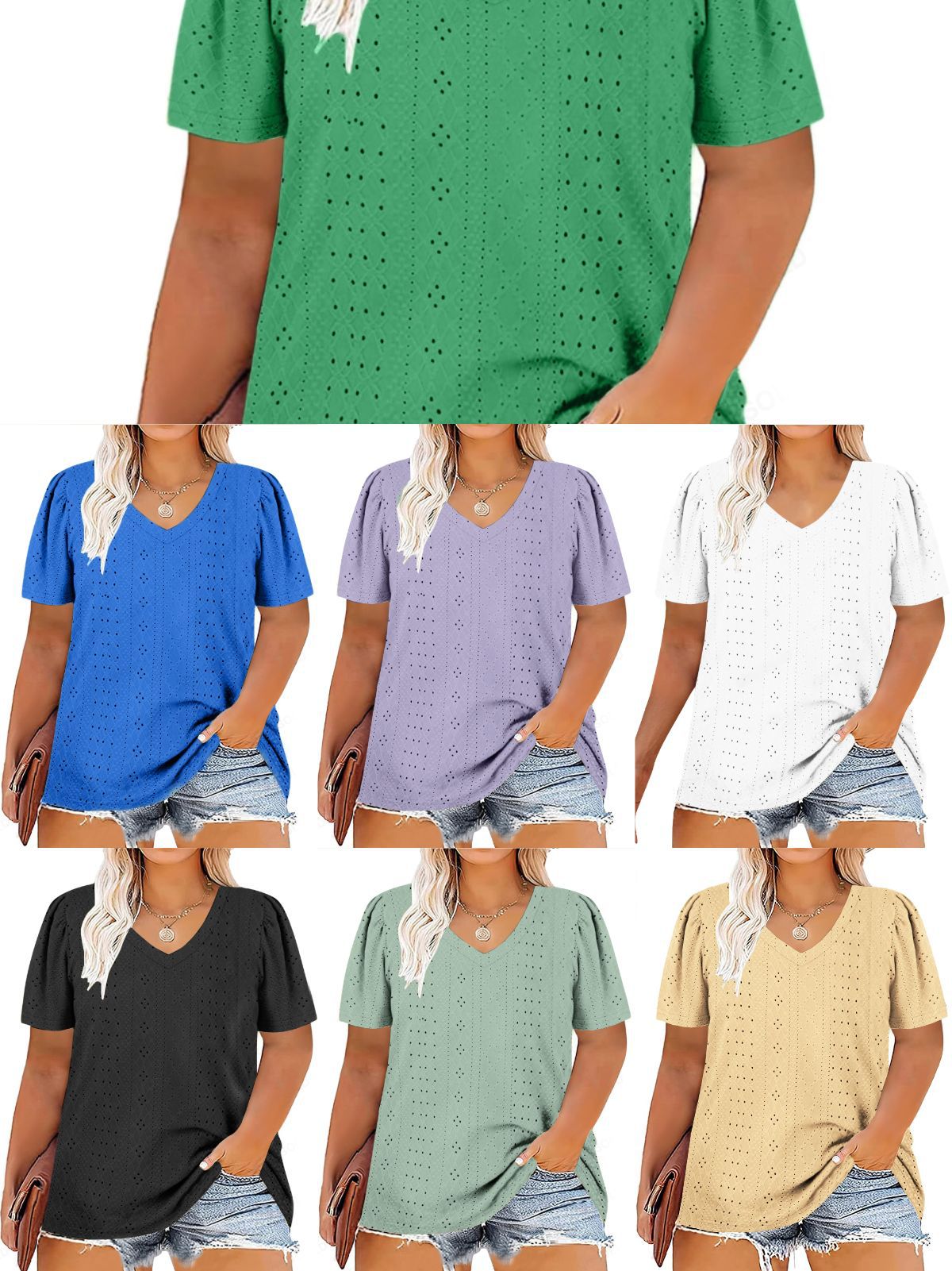 2025 Cross-border Amazon Women's plus size V-neck Palace Lock Solid Color Short-sleeved T-shirt Loose Top