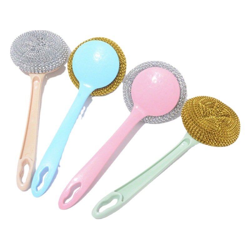 No Injury Pot PET Plastic Cleaning Ball with Handle Steel Wire Ball Dishwashing Brush Pot Household Decontamination Long and Short Handle Brush Pot