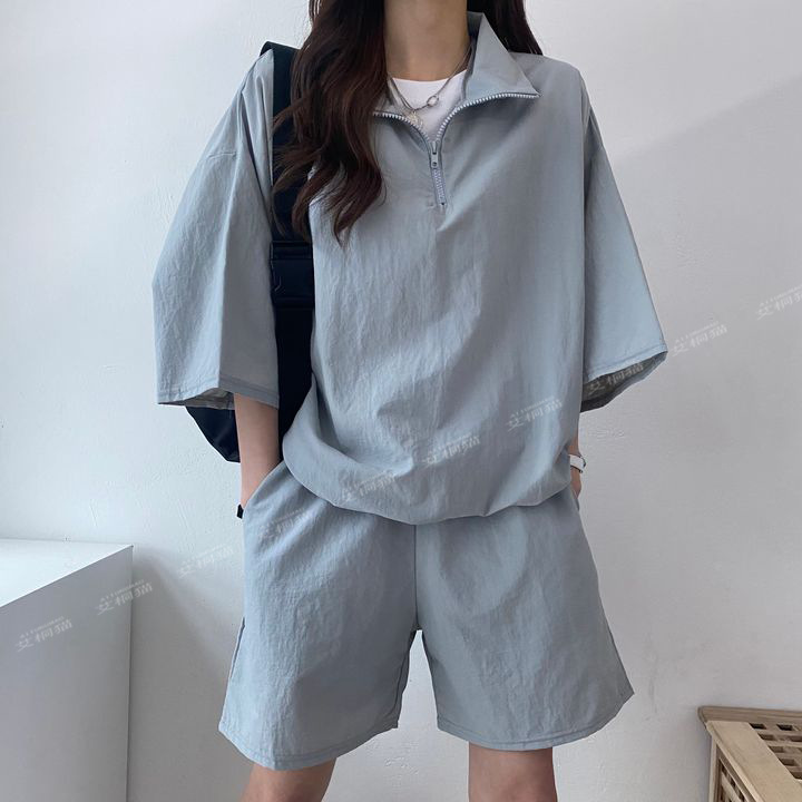 Picture of Short-sleeved shorts women's two-piece set plus size high collar zipper spring and summer fashion casual sportswear suit loose