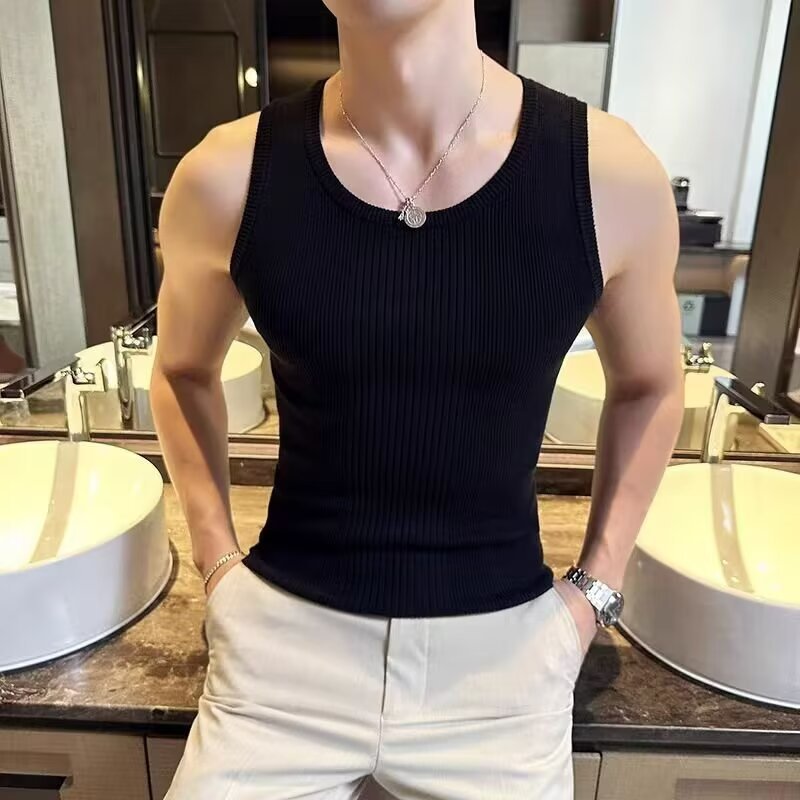 2024 New Style Sense Texture Pattern Inner Base Vest Gentleman American Style Retro Striped Knitted Vest Slim-Fit Elastic