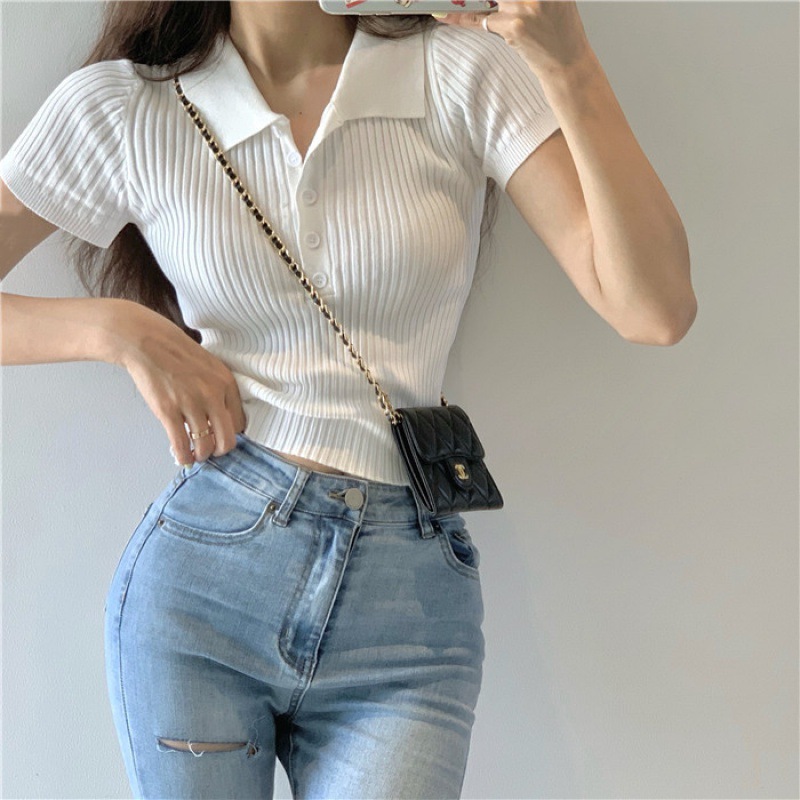 Picture of Summer 2024 Internet Celebrity Slim fit slimming short top Korean style retro small lapel short sleeve knitted T-shirt for women