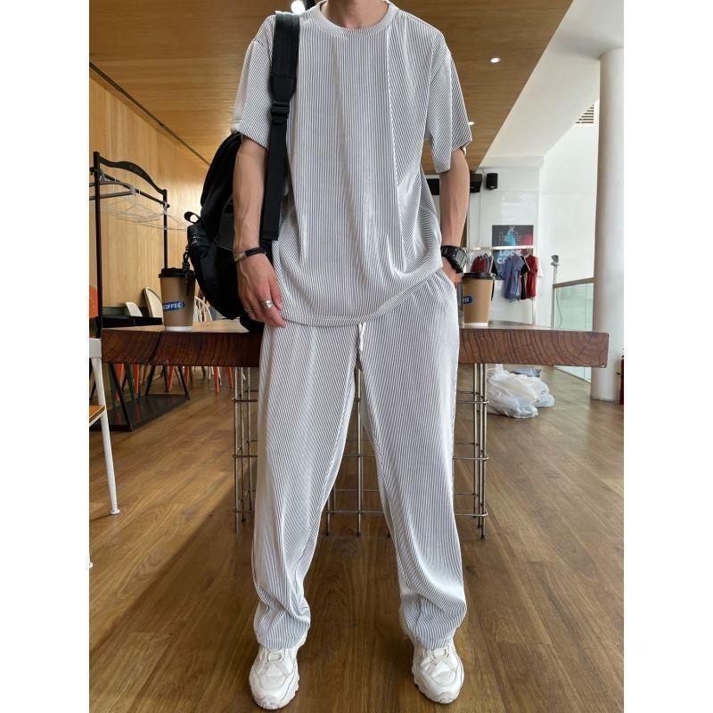 Summer Thin Loose Large Size Elastic Ice Silk Sliding Short-sleeved Trousers Casual Two-piece Men's Single-piece/Suit