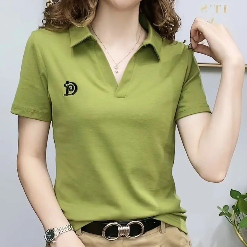 Internet Popular Women's Polo Shirt V-neck Short-sleeved T-shirt Women's 2024 Summer New Western Style Age-reducing Casual Top