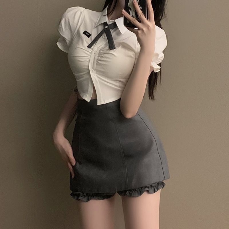 Uniform suit women's 2024 Summer new pure desire style hot girl white shirt skirt slimming versatile two-piece suit