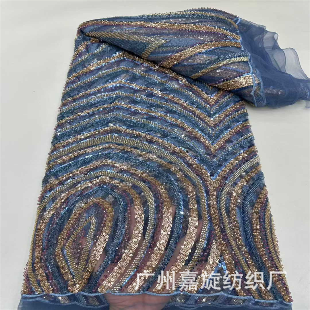 New Two-Tone Large Floral Rice Bead Embroidery Wedding Dress Fabric with Three-Dimensional Sequins and Beads Polyester Dress Embroidery Fabric
