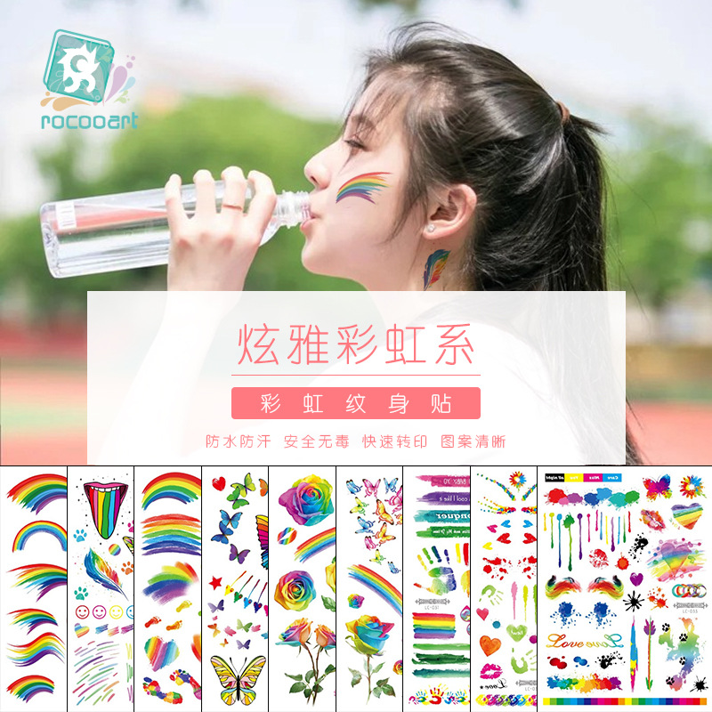 Cross-Border Waterproof Disposable Celebration Rainbow Tattoo Stickers Competition Camouflage Striped Love Face Stickers Manufacturer Wholesale