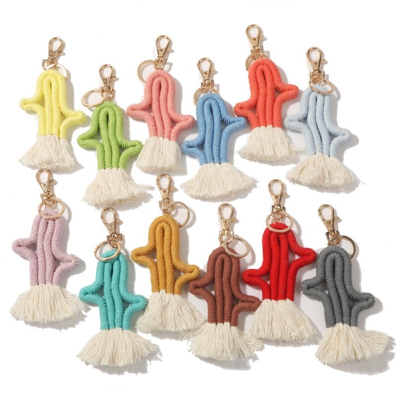 Vintage Hand-Woven Bohemian Style Cactus Tassel Keychain Bag Pendant Exquisite Finished Small Pendant