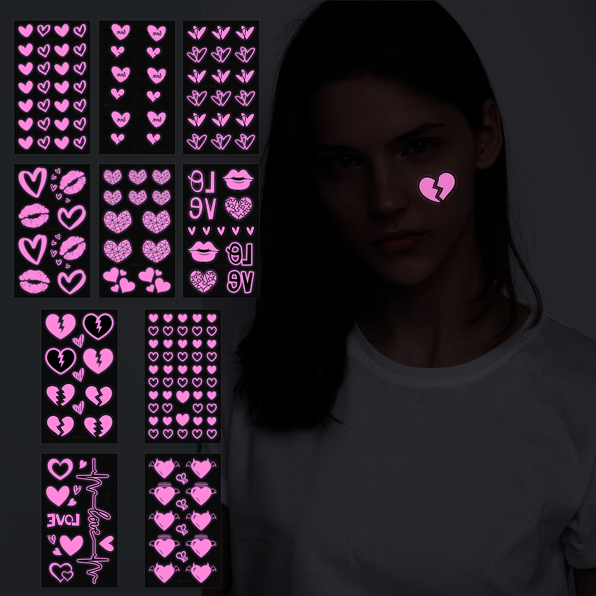 Hot-Selling New Luminous Heart-Shaped Valentine's Day Tattoo Stickers, Bar Music Festival Party Tattoo Stickers for Men and Women, Chinese Valentine's Day Tattoo Stickers