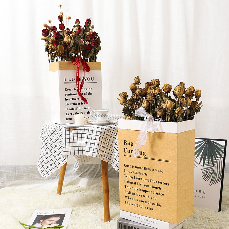 Picture of Flower packaging bag ins style bouquet bag rectangular gift bag kraft paper bag net red English hug bag wholesale