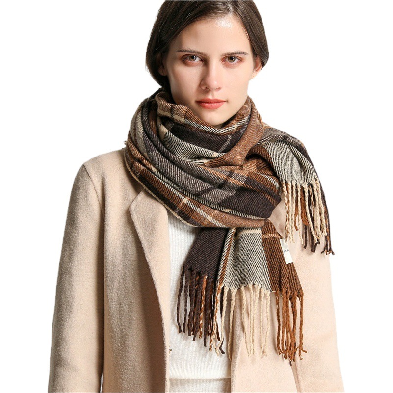 Korean Style Plaid Scarf for Women Winter Warm Fashion Tassel Student Neck Scarf Thickeneded Long Scarf Men's Couple Shawl
