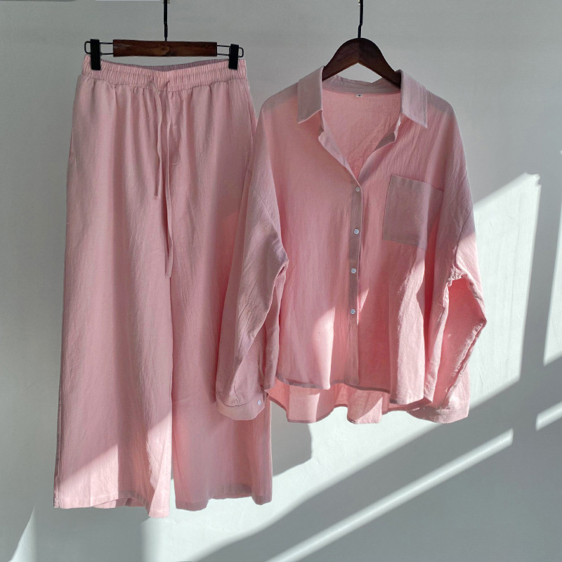 Picture of Cross-border Amazon Women's 2-piece Vintage Plus Size 2022 Cotton and Linen Shirt Set High Waist Loose Trousers