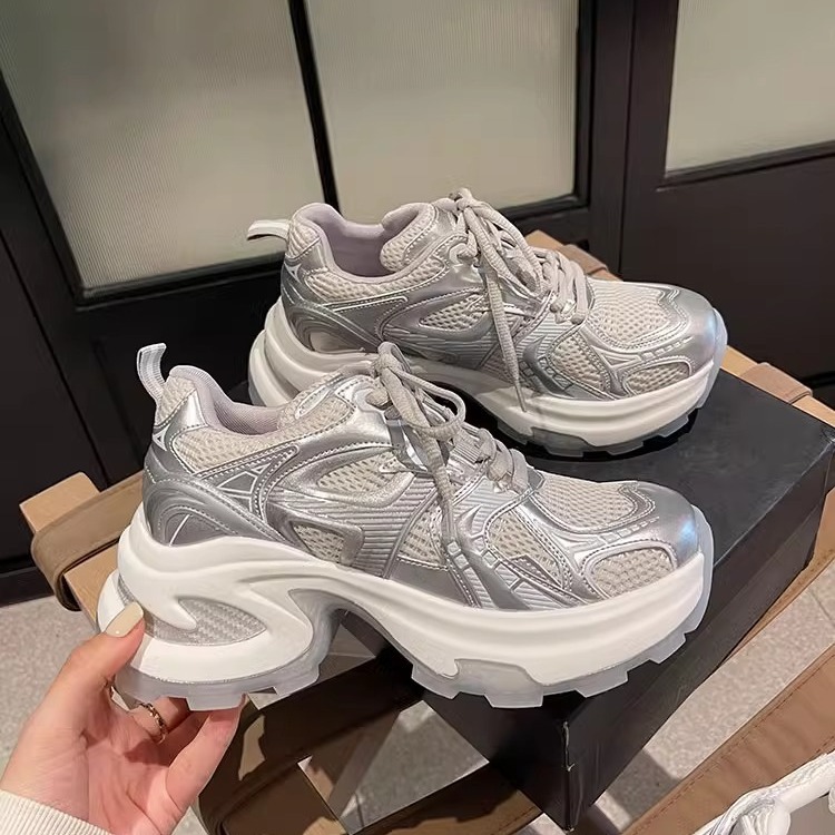 Women's Shoes Thick Bottom Mesh Breathable silver Torre Shoes 2025 Summer New Fashion Height Increased All-match Casual sneaker