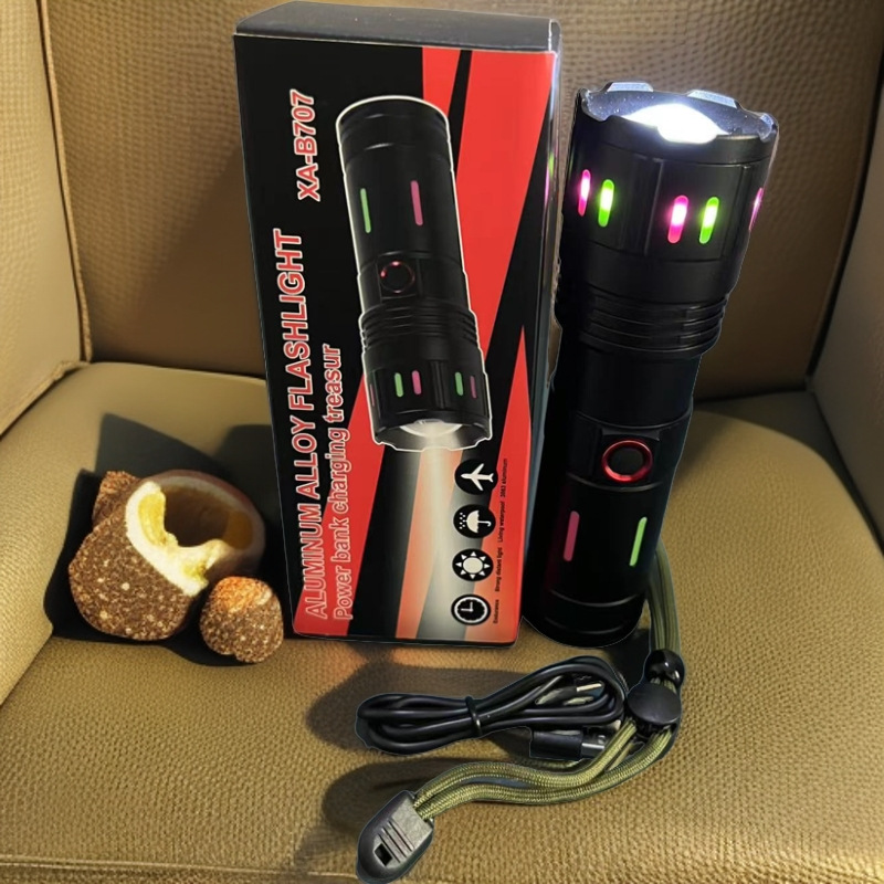 Cross-Border White Laser Flashlight Color Strip Telescopic Zoom Multi-Function with Output Type-C Rechargeable Outdoor Strong Light Hand