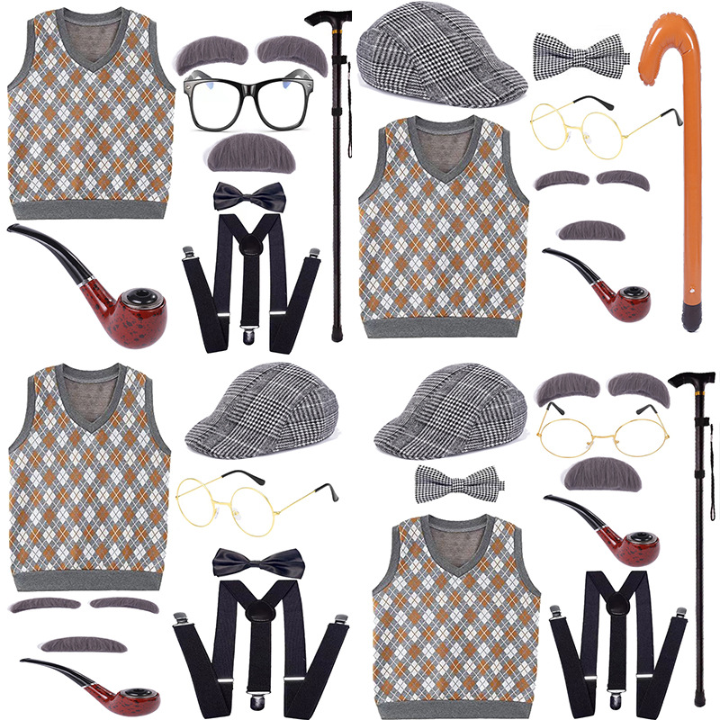 Picture of COS Old Man Dress Up Halloween Children Grandpa Vest Wig Beard Granny Children Show Wig
