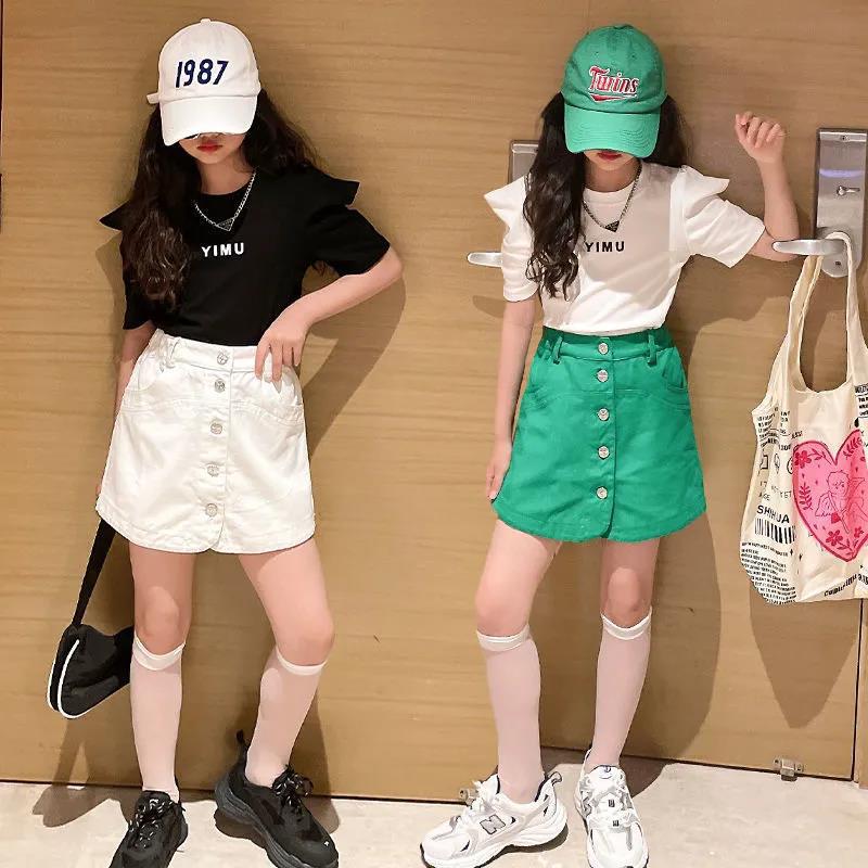 Girls' Summer Suit Korean Style Fashionable Short-sleeved Pant Skirt Western Style Girls' Casual Sports Two-piece Suit for Children
