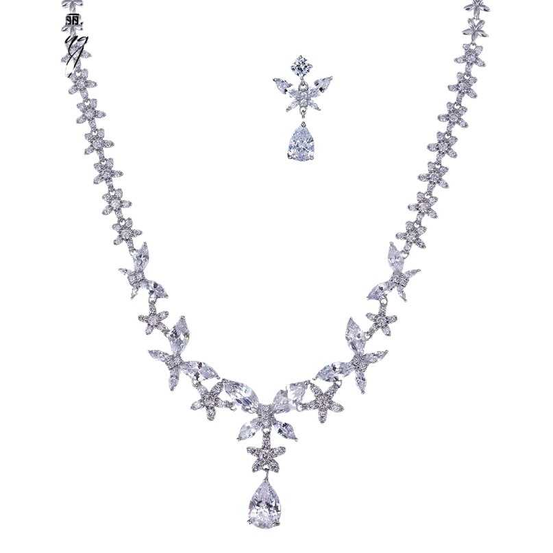 Bright Elegant Japanese Korean Bride suit Copper Plated Zircon in stock Earrings Bow Earrings Necklace Wholesale