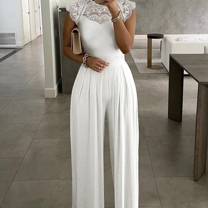 Amazon independent station Europe and the United States hot solid color jumpsuit fashion explosion loose casual lace jumpsuit