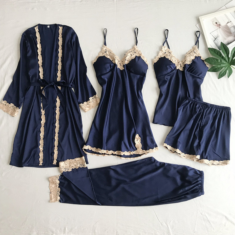 Cross-border Supply Silk Pajamas Sexy Underwear Five-piece Sling Sexy Ladies Home Clothes Pajamas