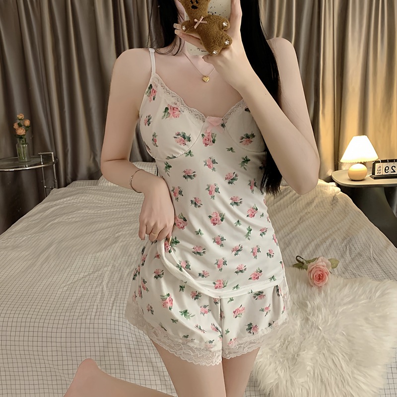 Summer Sexy Pajamas Women 2024 New Arrival Sling Shorts suit Imitation Cotton Printed Lace Trim Pure Desire Home Clothes