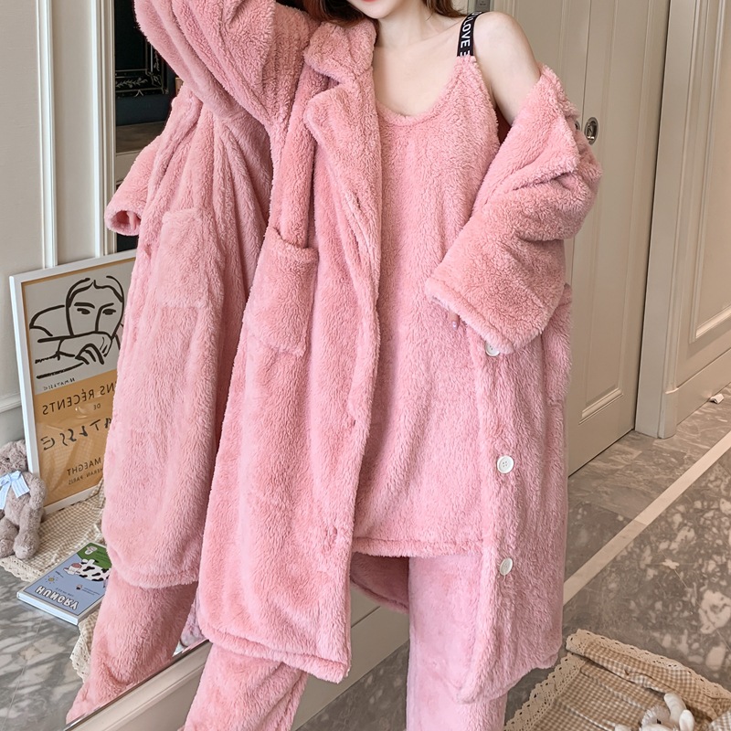 Autumn and Winter Pajamas Women's Flannel Sling Nightgown Trousers Robe Three-piece Suit Coral Fleece Sexy Warm Home Clothes