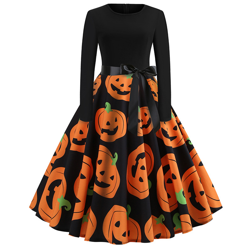 ebay AliExpress new halloween printing stitching long sleeve big pendulum dress ribbon