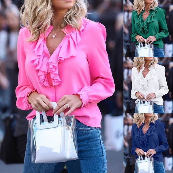 Wish Amazon Hot Selling Spring and Summer Solid Color Ruffled V-Neck Pullover Chiffon Shirt for Women