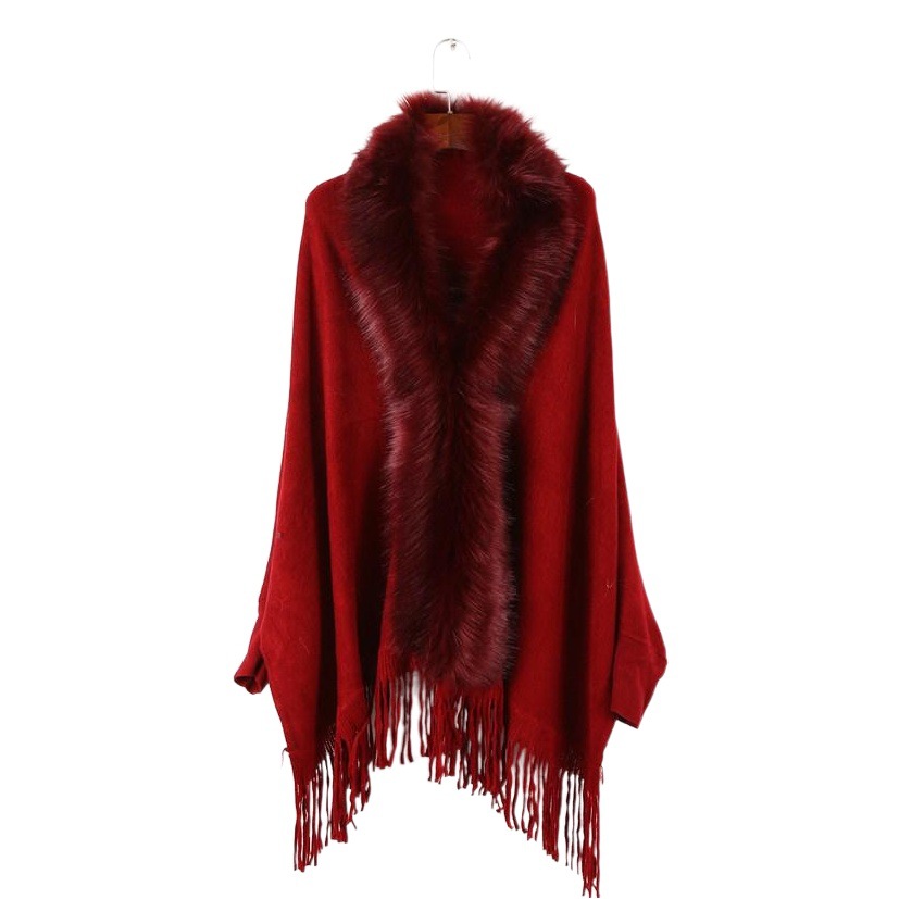 Picture of Autumn and Winter New Fashion Women's Cape Cardigan Artificial Fur Solid Color Sleeve Long Tassel Hem Cape Wholesale