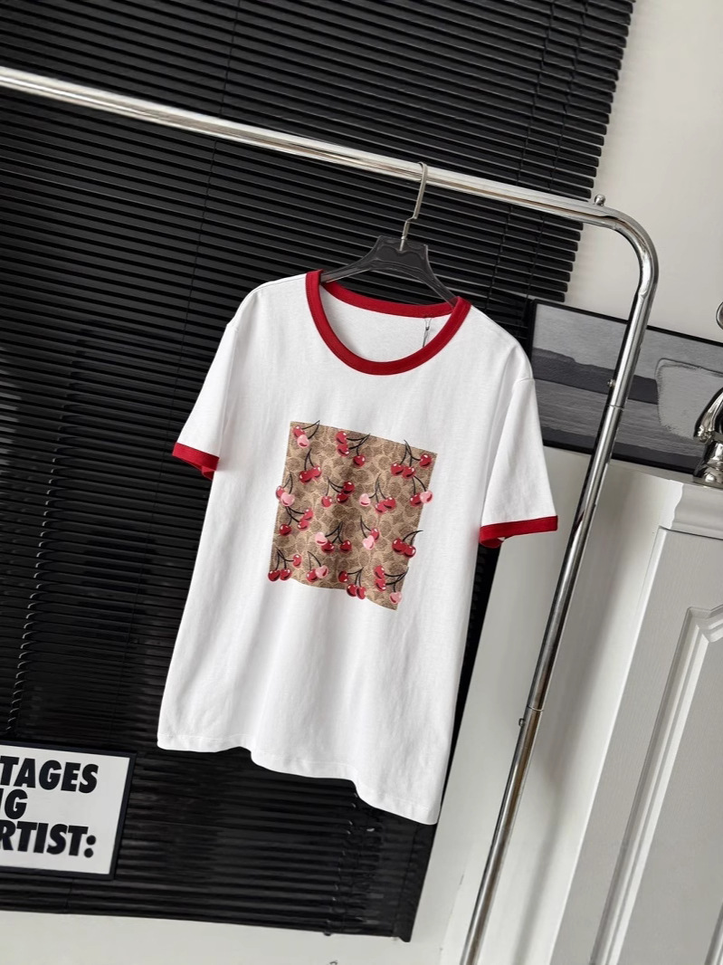 2025 Summer Ch Koujia New Leader Contrast Color Threaded Cherry Print Pattern Women's Pure Cotton Round Neck T-Shirt