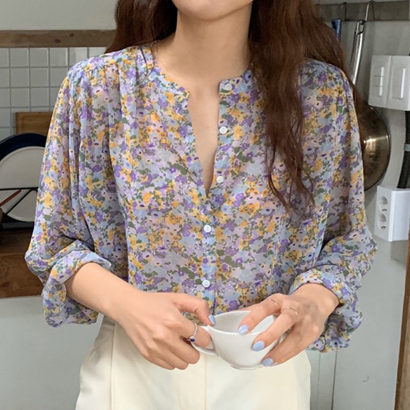 Spot ins Long-sleeved Floral Chiffon Shirt for Women 2020 New Spring K-style Loose Casual Single-breasted Top