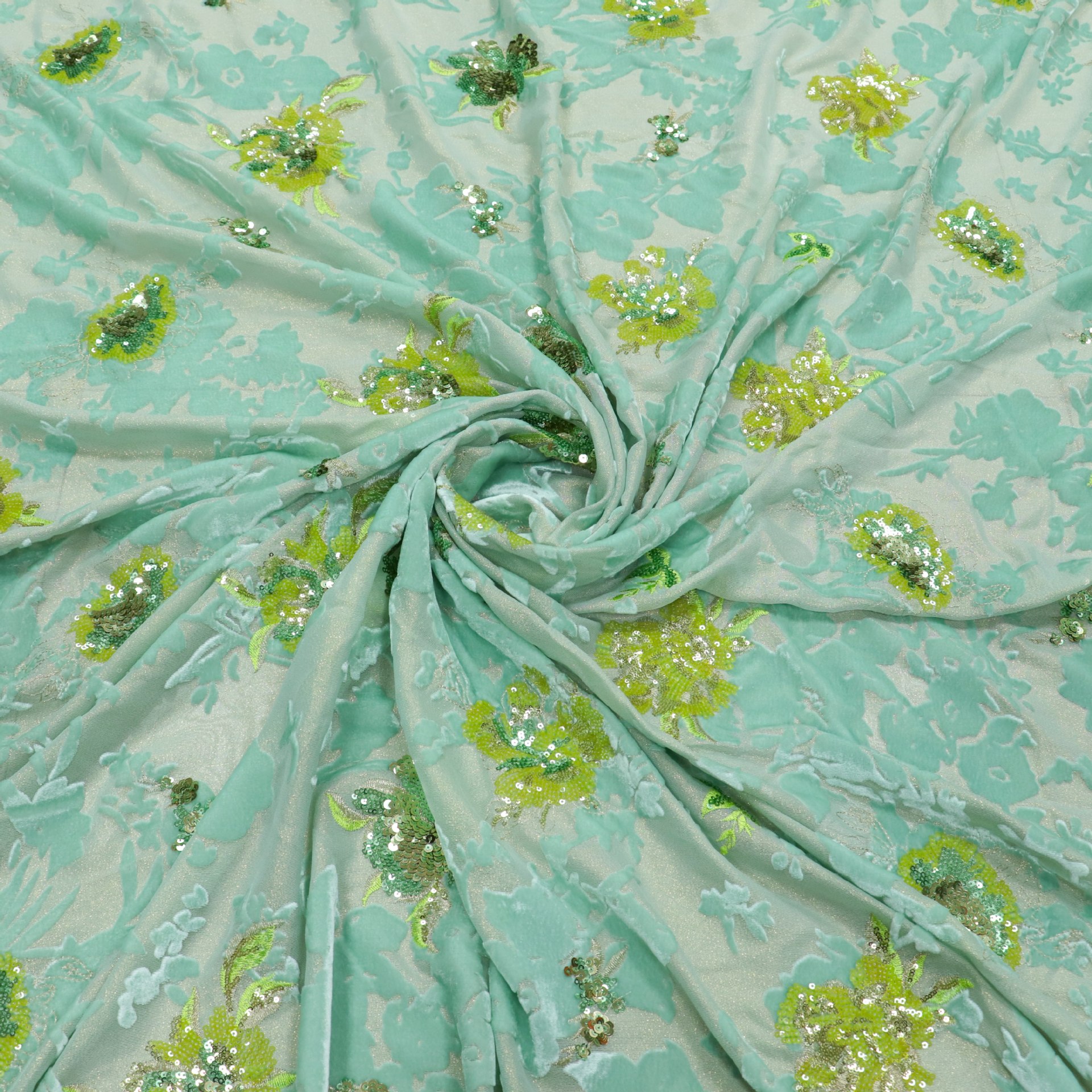Picture of Teal In-Stock 3D Floral Silk Brocade Sequin Embroidery Georgette Velvet Wedding Dress Performance Clothing Women's Fabric