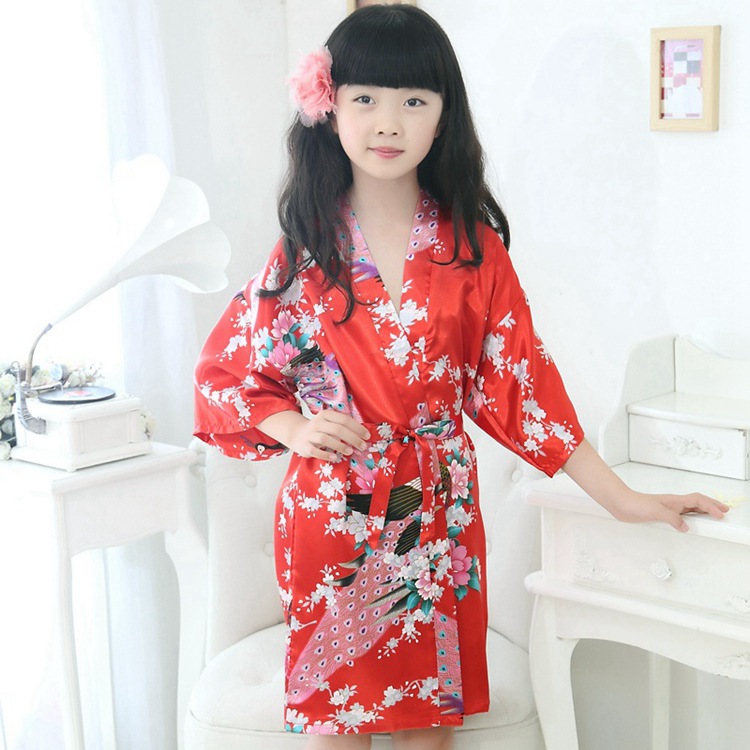 New Girls' Nightgown Peacock Cardigan Pajamas Thin Summer Children's Bathrobe Bathrobe Home Clothes Ethnic Style