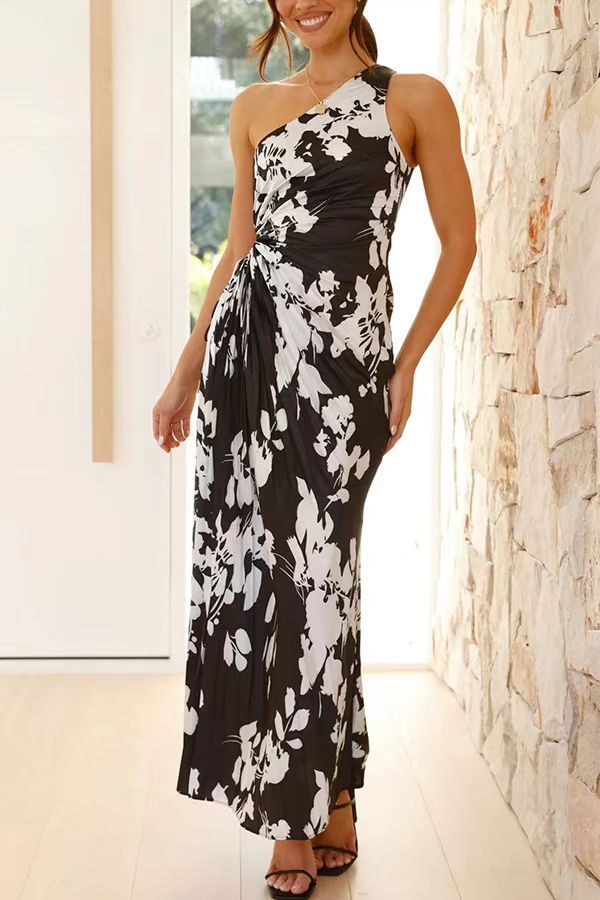 Picture of European and American 2024 Women's New Fashion Solid Color Casual Sexy Elegant One-shoulder Oblique Collar Pleated Hollow Dress