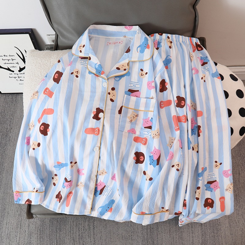 Picture of Online Celebrity Live Dopamine Color Striped Long Sleeve Pajamas Women's Loose Bubble Wrinkle Cute Cross-border suit Foreign Trade