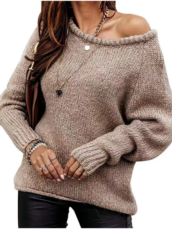 Cross-border Amazon Autumn and Winter New Solid Color Loose Collar Sexy Shoulder Knitted Pullover Commuter Base Sweater for Women