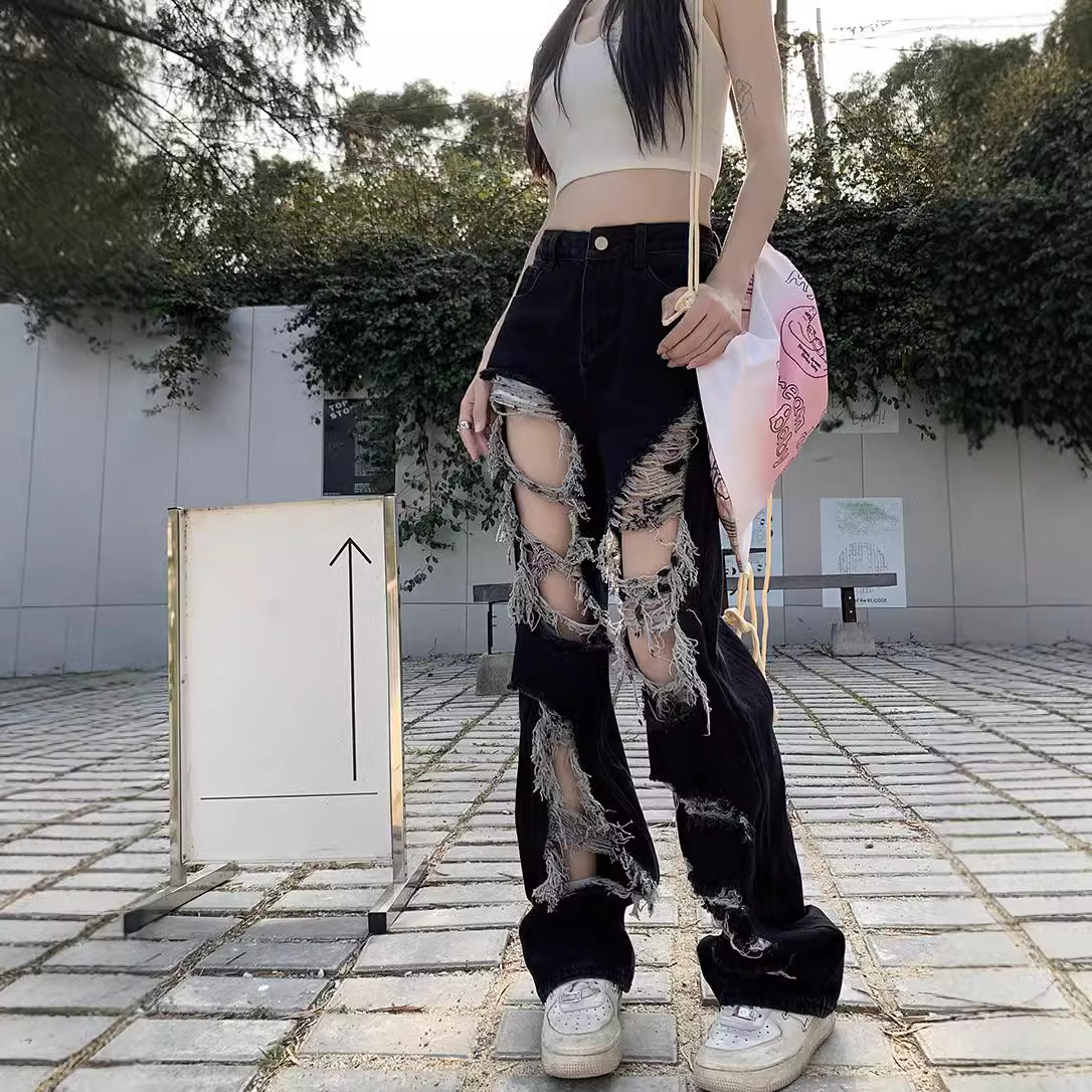 High Street Ripped Straight Jeans Women's Summer High Waist Beggar Pants Loose Slimming Wide Leg Pants Mop Pants