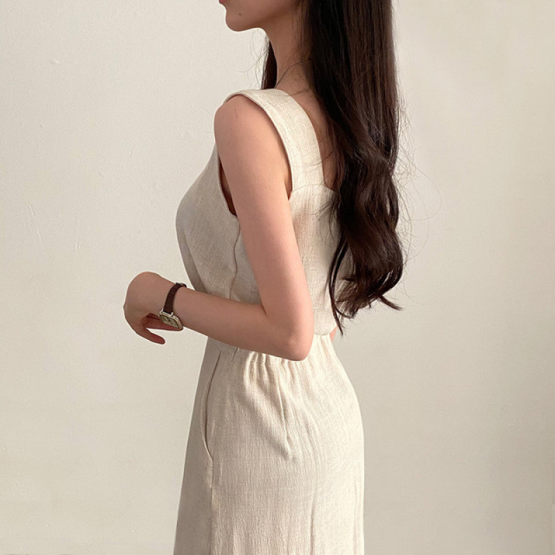 Korean Chic Summer Simple and Versatile Square Neck Sleeveless Cotton and Linen Vest Vest + High Waist Slit Skirt Suit