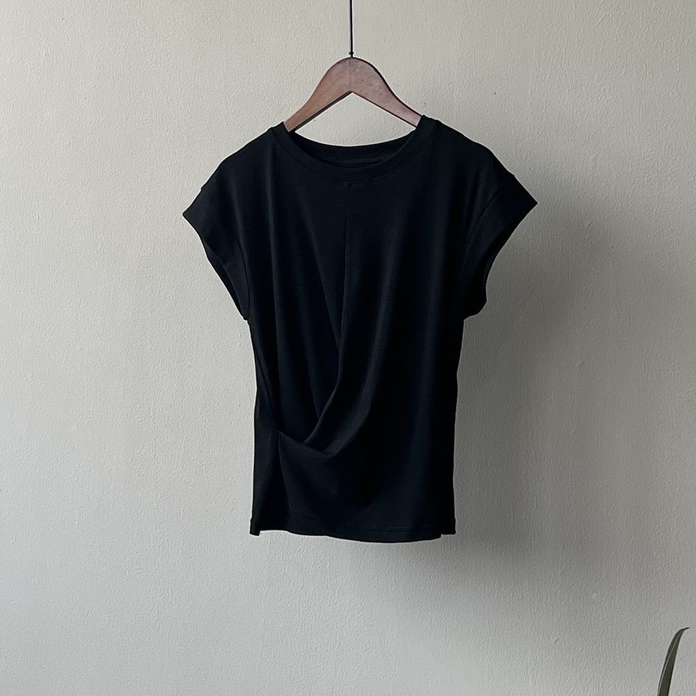 Picture of Designed Cross-Waist Asymmetrical Small Flying Sleeve T-Shirt for Women Summer New Pleated Slim Short Modal Top