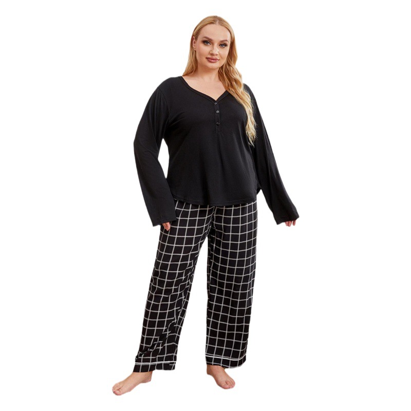 European and American Large Size Pajamas for Women in Autumn and Winter Casual Loose Plus Size Long-Sleeved Trousers Home Wear Set Cross-Border Amazon