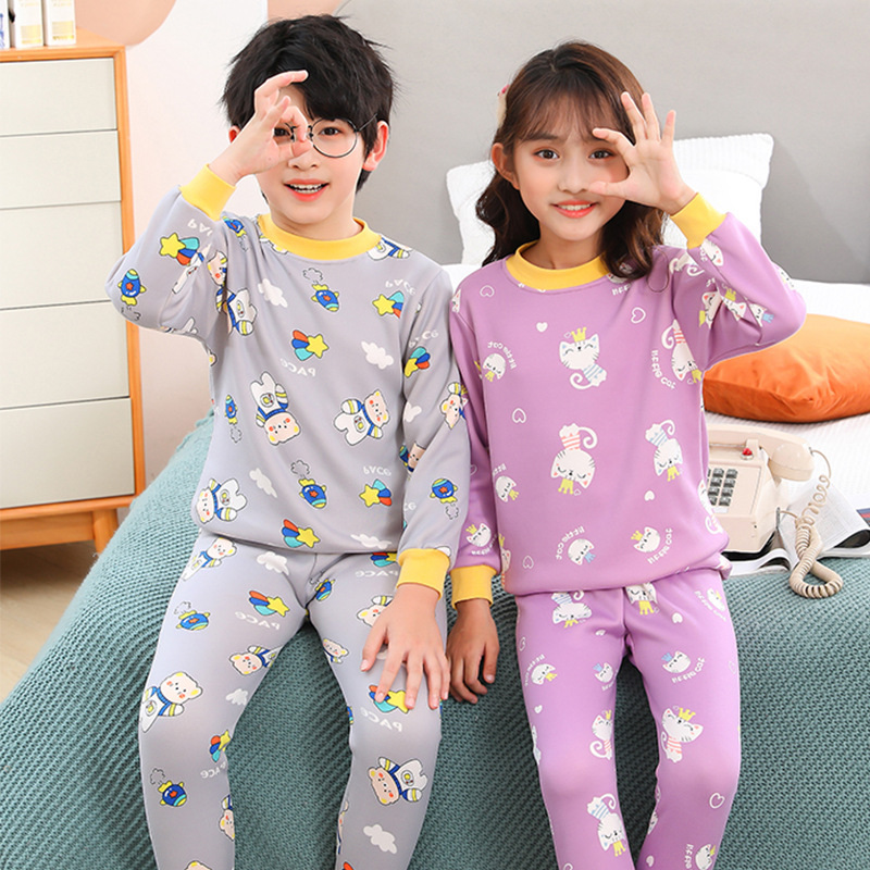 Children's mid-collar fleece-lined thick thermal underwear suit boys and girls autumn and winter bottoming baby children's clothing autumn clothes long pants