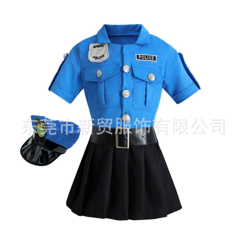 Cute Girl Police dress Children's suit Handsome Blue Police Officer Dress with Hat and Campus Performance Costume