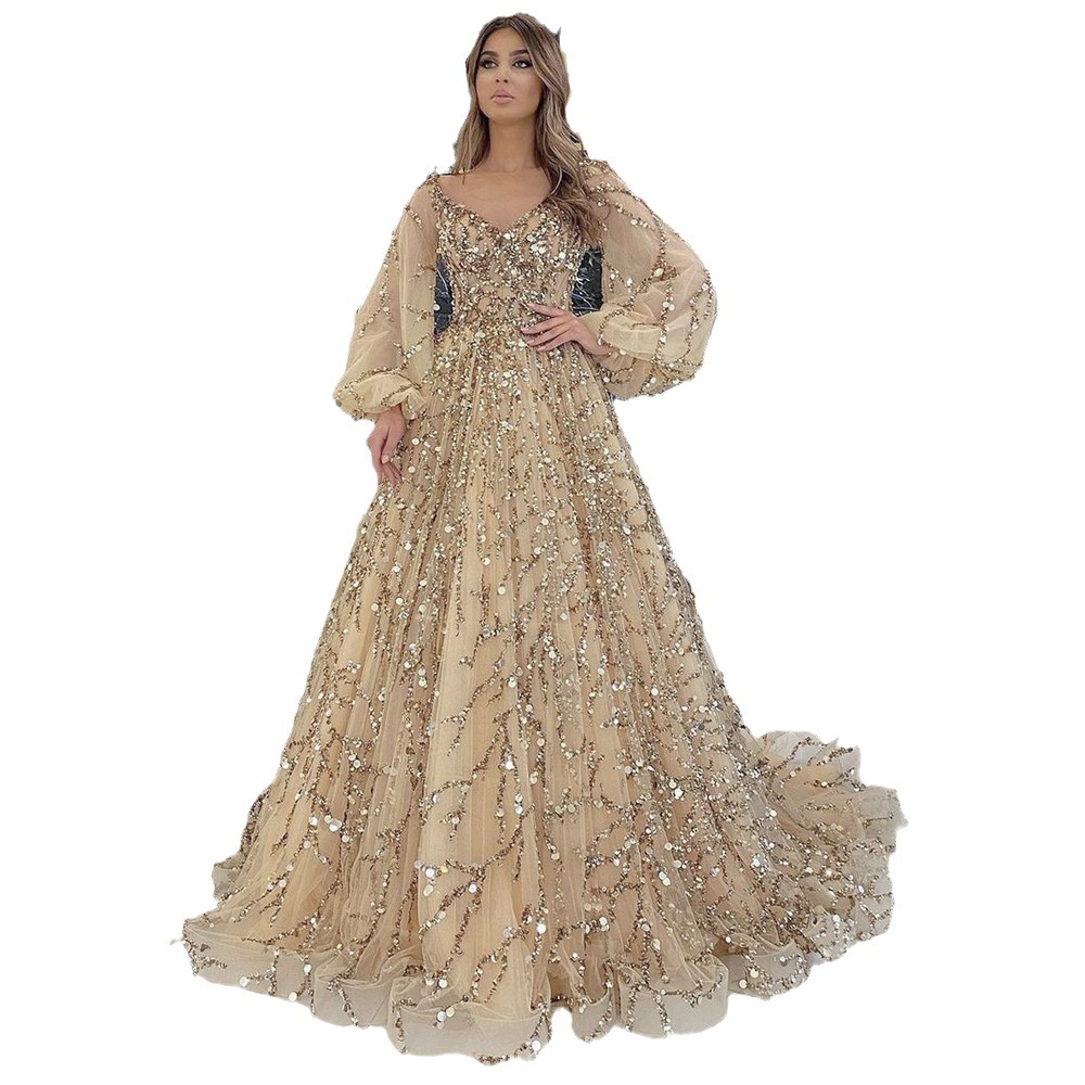 Picture of 2025 Cross-Border New Golden Heavy Industry Beaded Luxury Evening Dress Sexy Socialite Aura Queen Long Dress Dq7109