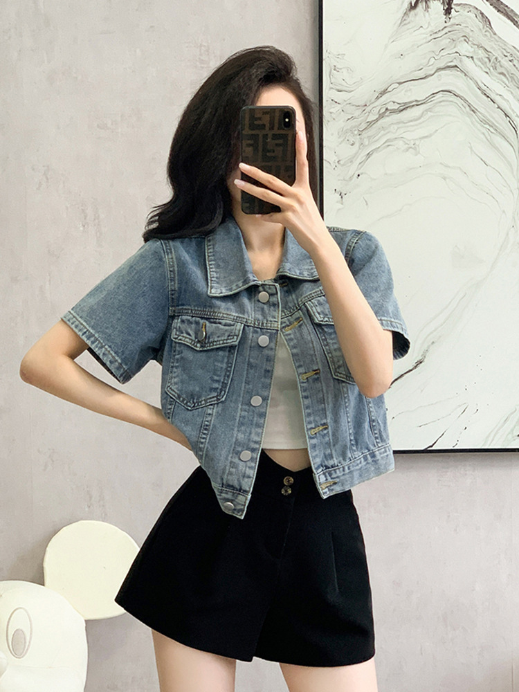 Picture of Vintage Little Denim Shirt Coat Women's Short-sleeved Summer Loose Design Sense Casual All-match Short Top Clothes