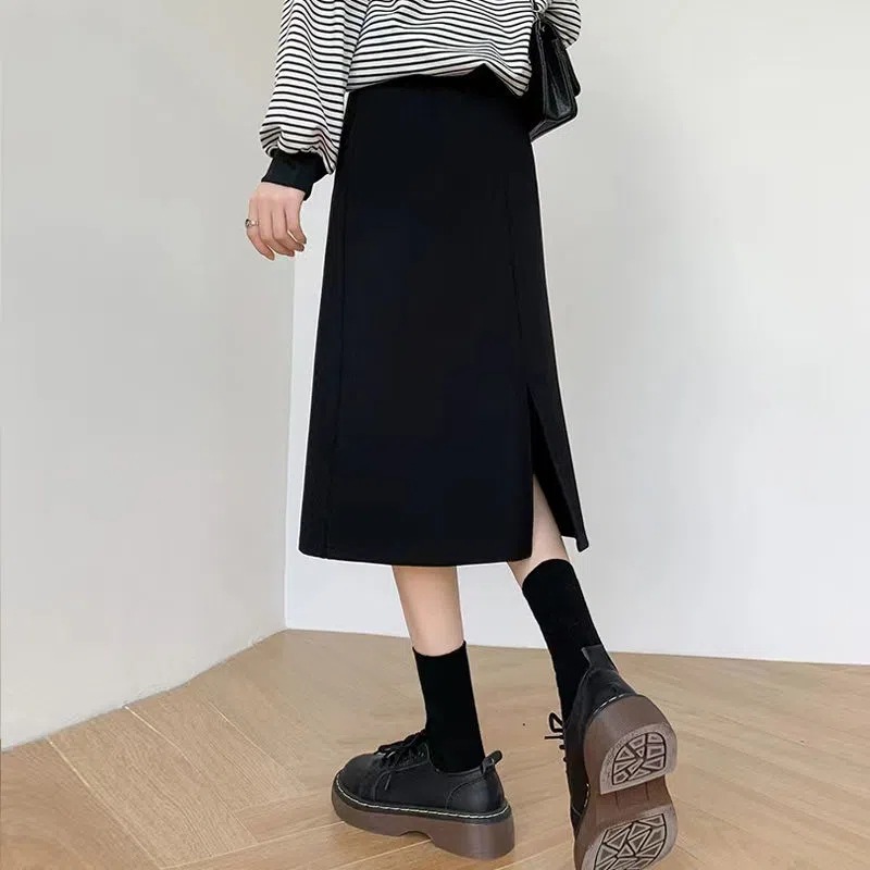 Picture of Autumn Black High Waist Split Skirt Women's Slim Look Workwear Skirt Suit A- Line Mid-Length Skirt Professional One-Step Skirt