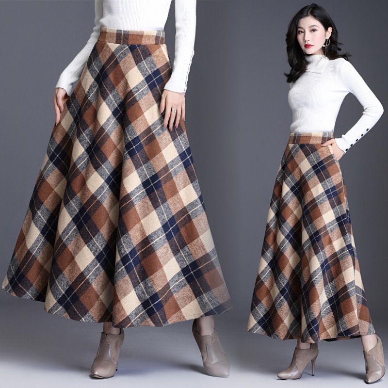Real shot retro woolen plaid skirt women's autumn and winter mid-length high waist A- line skirt woolen skirt long skirt thickened