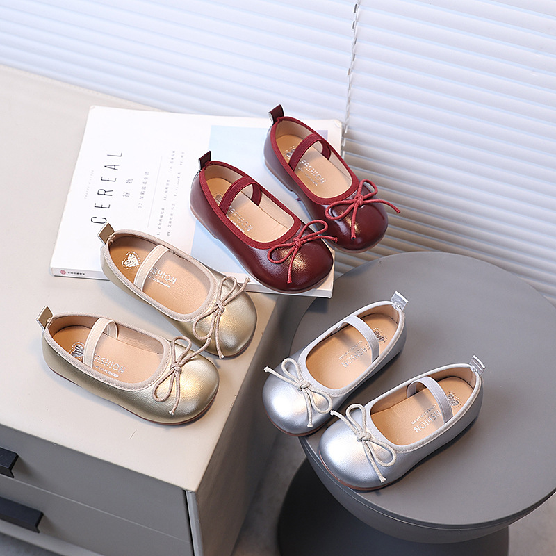 2025 Spring and Autumn Children's Korean Style Bow Princess Style Leather Shoes Girls Soft Sole Plaid and Easiest for Match Dance Shoes